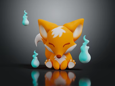 Cute Little Orange Fox With White Head Fur Sitting Near Small Blue Flame Creatures 3d model