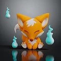 Cute Little Orange Fox With White Head Fur Sitting Near Small Blue Flame Creatures