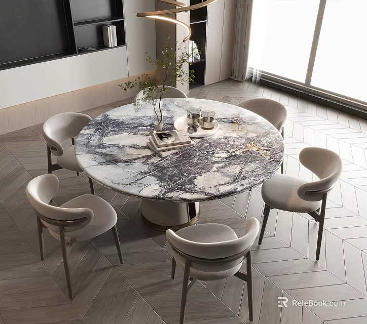 Elegant Round Marble Dining Table Set With Modern Chairs And Natural Light 3d model