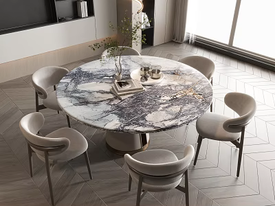 Elegant Round Marble Dining Table Set With Modern Chairs And Natural Light 3d model