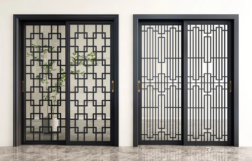 Sliding Doors In Modern Interior With Black Frames And Geometric Lattice Designs 3d model