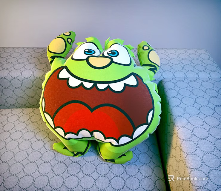 Cute Green Monster Shaped Pillow With Big Eyes Open Mouth And Claws On Gray Sofa 3d model 