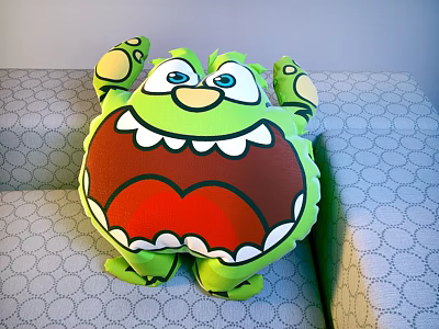 Cute Green Monster Shaped Pillow With Big Eyes Open Mouth And Claws On Gray Sofa 3d model