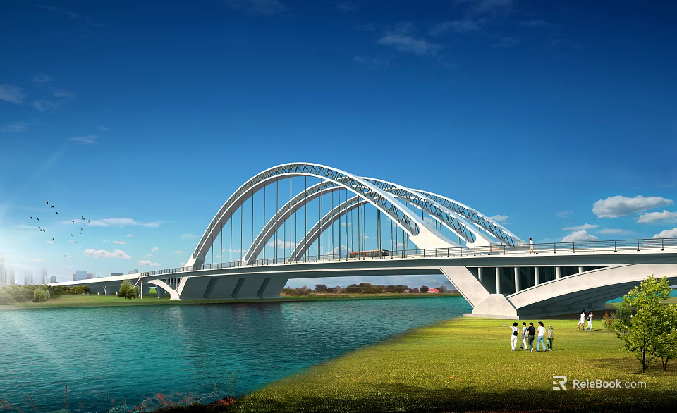 Modern Arch Bridge Over Blue River With Green Grass And People Walking 3d model 