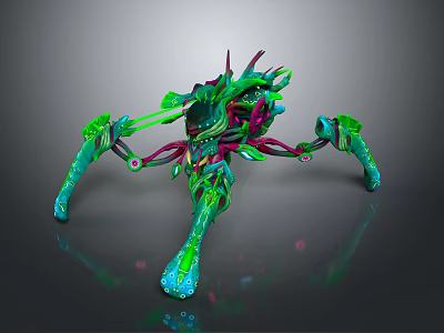 Abstract Fantasy Creature With Green Purple Pink Tentacles And Shiny Glowing Legs 3d model