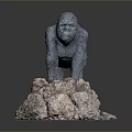 Blue Metallic Gorilla Sculpture Standing On Rocky Base With Detailed Features