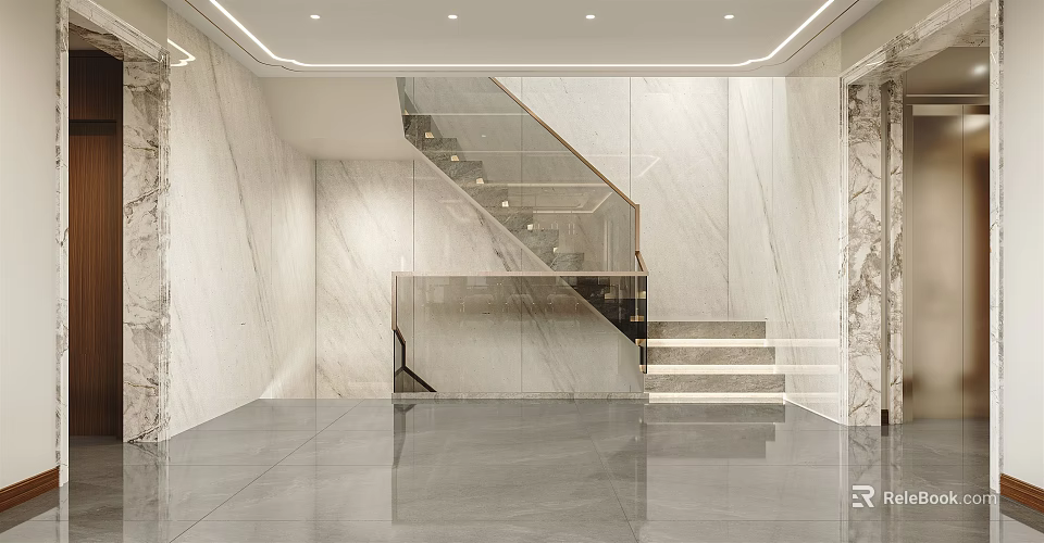 Modern Interior Staircase Design With Marble Walls Glass Railing And Led Lighting 3d model 