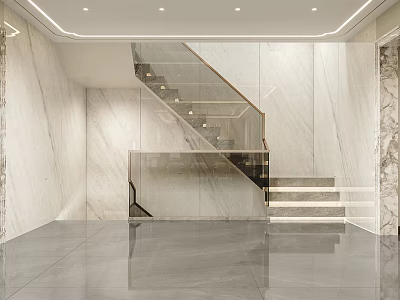 Modern Interior Staircase Design With Marble Walls Glass Railing And Led Lighting 3d model