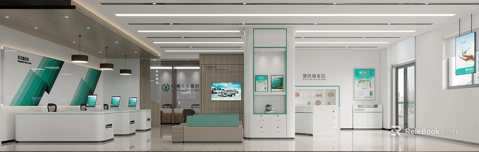 Modern Bank Interior Open Space Design With Green Elements Display Screens And Service Counters 3d model 