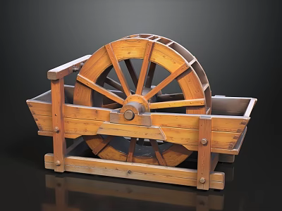 Rustic Wooden Waterwheel Decorative Model With Spoked Wheel And Wooden Frame 3d model