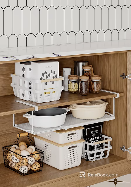 Kitchen Cabinet Interior Organization With Wooden Shelves White Storage Baskets Jars And Pans 3d model 