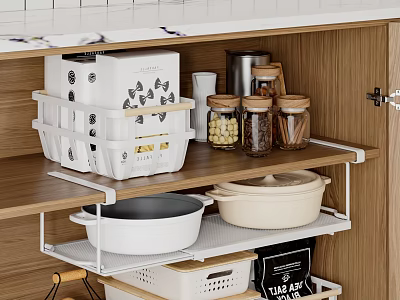 Kitchen Cabinet Interior Organization With Wooden Shelves White Storage Baskets Jars And Pans 3d model