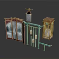 Traditional Chinese Decorative Scene With Folding Screen Birdcage Lanterns And Signboard