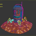 Red Green Mechanical Creature Character Standing On Orange Pink Organic Platform