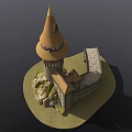 Fantasy Castle Model With Tower Spires Stone Walls And Archway On Rock Base