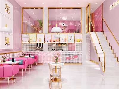 Pink Themed Bubble Tea Shop Interior With Mirrored Walls Staircase And Floral Decor 3d model
