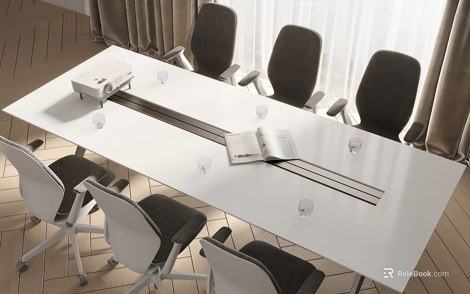 Modern Conference Table With Black Chairs Projector Open Book And Glass Cups 3d model 