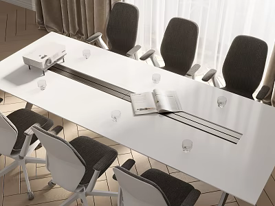 Modern Conference Table With Black Chairs Projector Open Book And Glass Cups 3d model