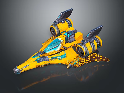 Yellow Futuristic Spaceship Model With Blue Accents And Dual Engines 3d model