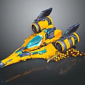Yellow Futuristic Spaceship Model With Blue Accents And Dual Engines
