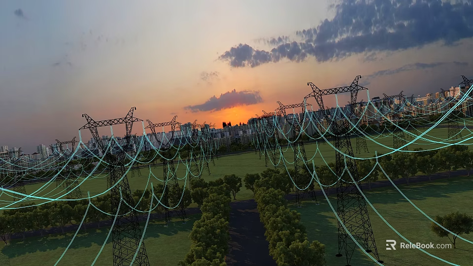 Industrial High Voltage Transmission Towers With Sunset Sky Grassland And City Skyline 3d model 