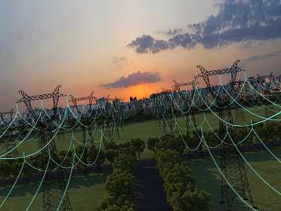 Industrial High Voltage Transmission Towers With Sunset Sky Grassland And City Skyline 3d model
