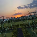 Industrial High Voltage Transmission Towers With Sunset Sky Grassland And City Skyline