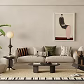 Warm Modern Sofa and Coffee Table Combination with Decorative Throw Pillows Area Rug Floor Lamp Green Plant and Wall Artwork
