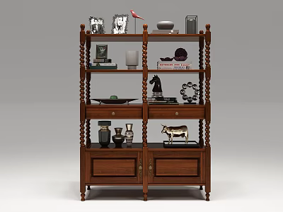 Classic Wooden Bookcase With Carved Details Multiple Shelves Drawers And Decorations 3d model