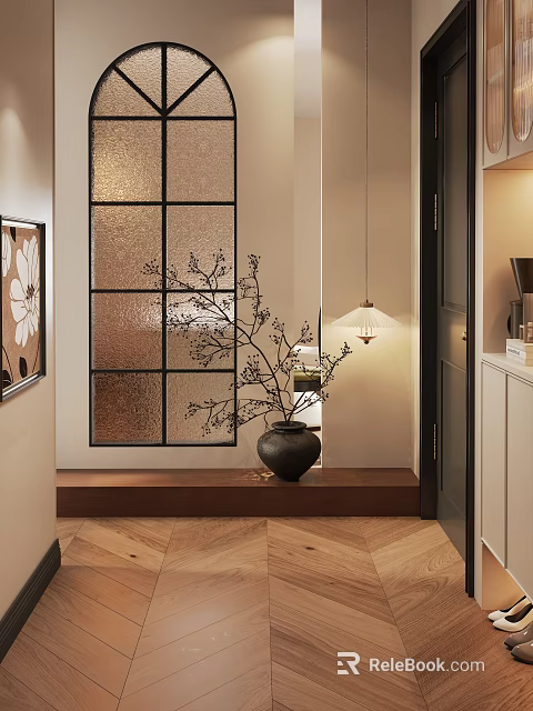 Elegant Foyer Hallway Interior With Golden Grid Glass Partition Black Vase And Herringbone Floor 3d model 