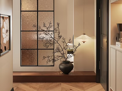 Elegant Foyer Hallway Interior With Golden Grid Glass Partition Black Vase And Herringbone Floor 3d model