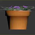 Cartoon Potted Plant With Green Leaves And Purple Flowers In Orange Pot