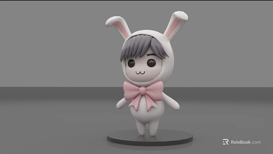 Cute Rabbit Shaped Doll With White Outfit Gray Hair Pink Bow And Smiling Face 3d model 