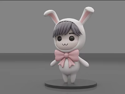 Cute Rabbit Shaped Doll With White Outfit Gray Hair Pink Bow And Smiling Face 3d model