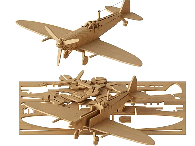 Wooden Airplane Model Puzzle With Assembled Plane And Unassembled Pieces 3d model