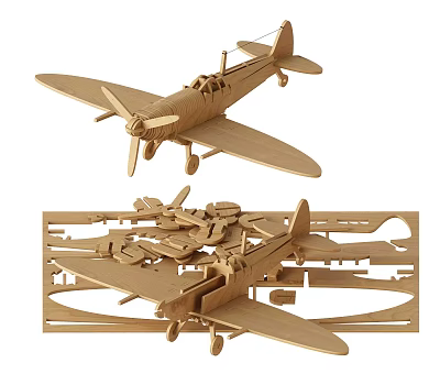 Wooden Airplane Model Puzzle With Assembled Plane And Unassembled Pieces 3d model