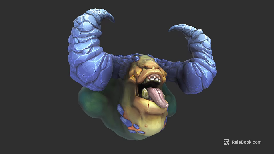 Game Movie Monster Character With Large Blue Horns Green Yellow Body And Open Mouth 3d model 