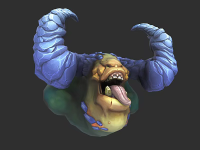 Game Movie Monster Character With Large Blue Horns Green Yellow Body And Open Mouth 3d model