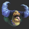 Game Movie Monster Character With Large Blue Horns Green Yellow Body And Open Mouth