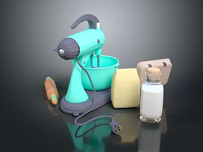 Turquoise Kitchen Mixer With Mixing Bowl Milk Butter And Carrot 3d model