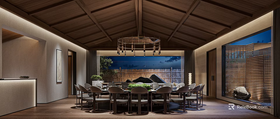 Private Dining Room With Wooden Ceiling Chandelier Round Table Chairs And Night View 3d model 