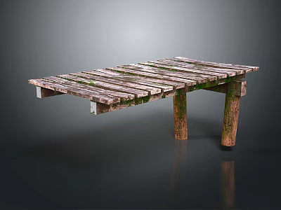 Rustic Weathered Outdoor Wooden Platform With Plank Surface And Mossy Legs 3d model