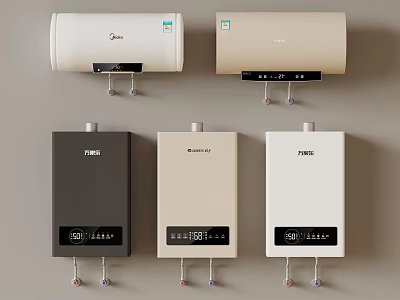 Different Types of Water Heaters with Storage and Tankless Models in Various Colors and Brands 3d model
