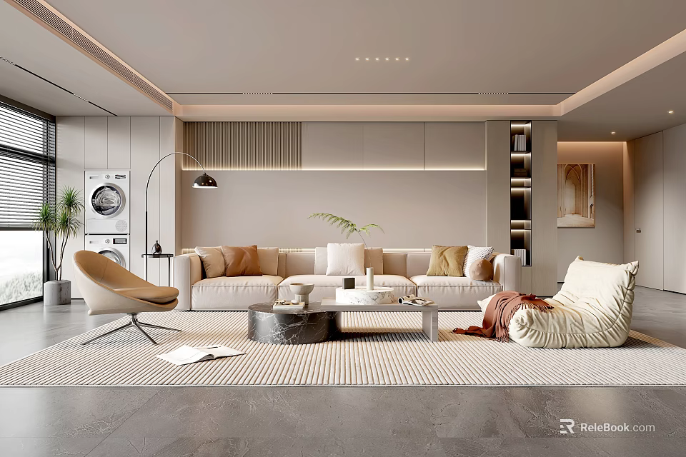 Modern Living Room Interior Design With Beige Sofa Round Coffee Table Striped Rug And Plants 3d model 