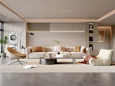Modern Living Room Interior Design With Beige Sofa Round Coffee Table Striped Rug And Plants 3d model