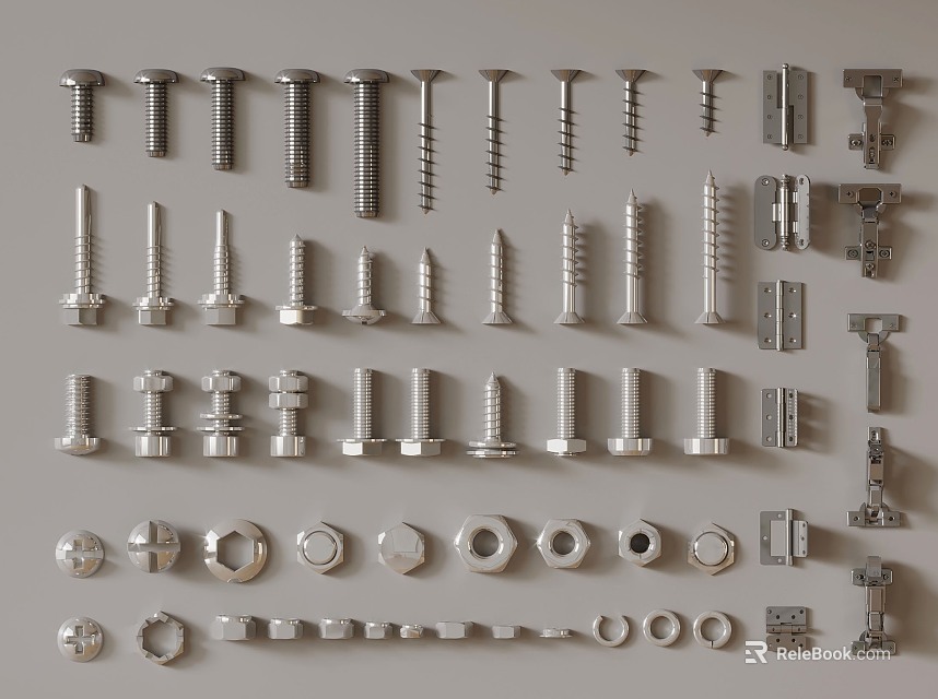 Different Types of Metal Fasteners Including Screws Bolts Nuts and Washers 3d model 