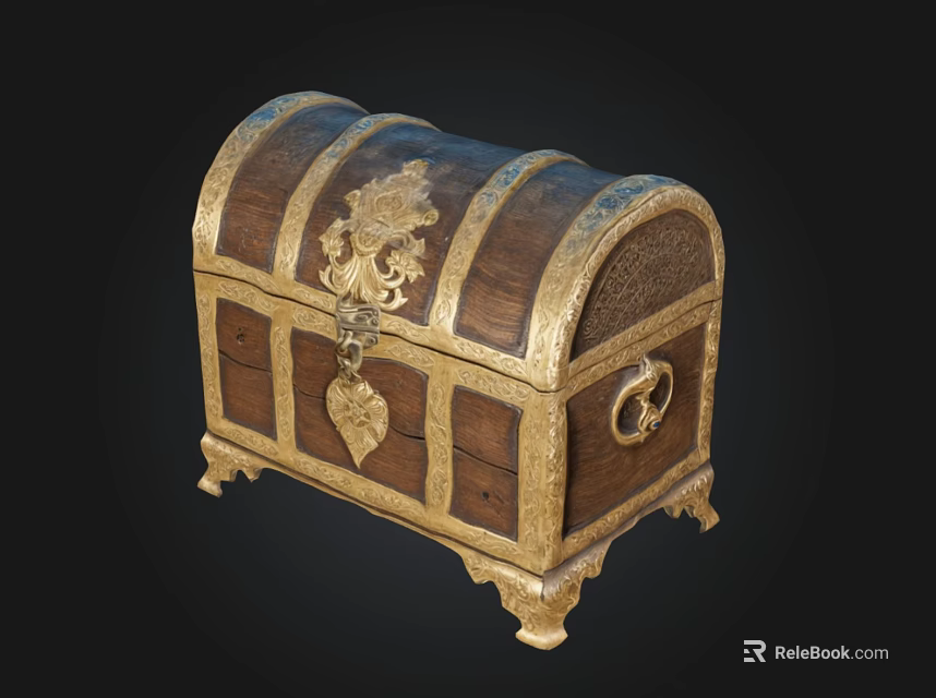 Antique Wooden Treasure Chest With Gold Accents Carved Details And Ornate Legs 3d model 