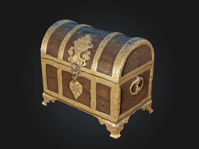 Antique Wooden Treasure Chest With Gold Accents Carved Details And Ornate Legs 3d model