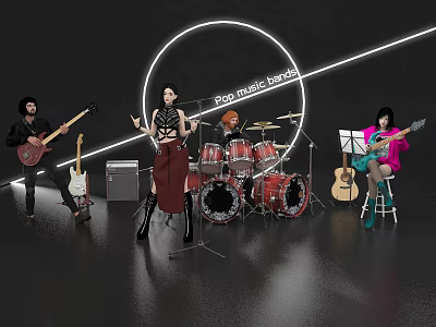 Band Members Performing in Pro Music Studio with Drums Guitars and Neon Lights 3d model