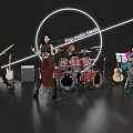 Band Members Performing in Pro Music Studio with Drums Guitars and Neon Lights
